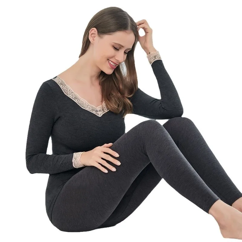 Set di biancheria intima termica con finiture in pizzo Set da donna in misto lana e cotone leggero senza cuciture Set di strati di base in due pezzi Set caldo autunno inverno