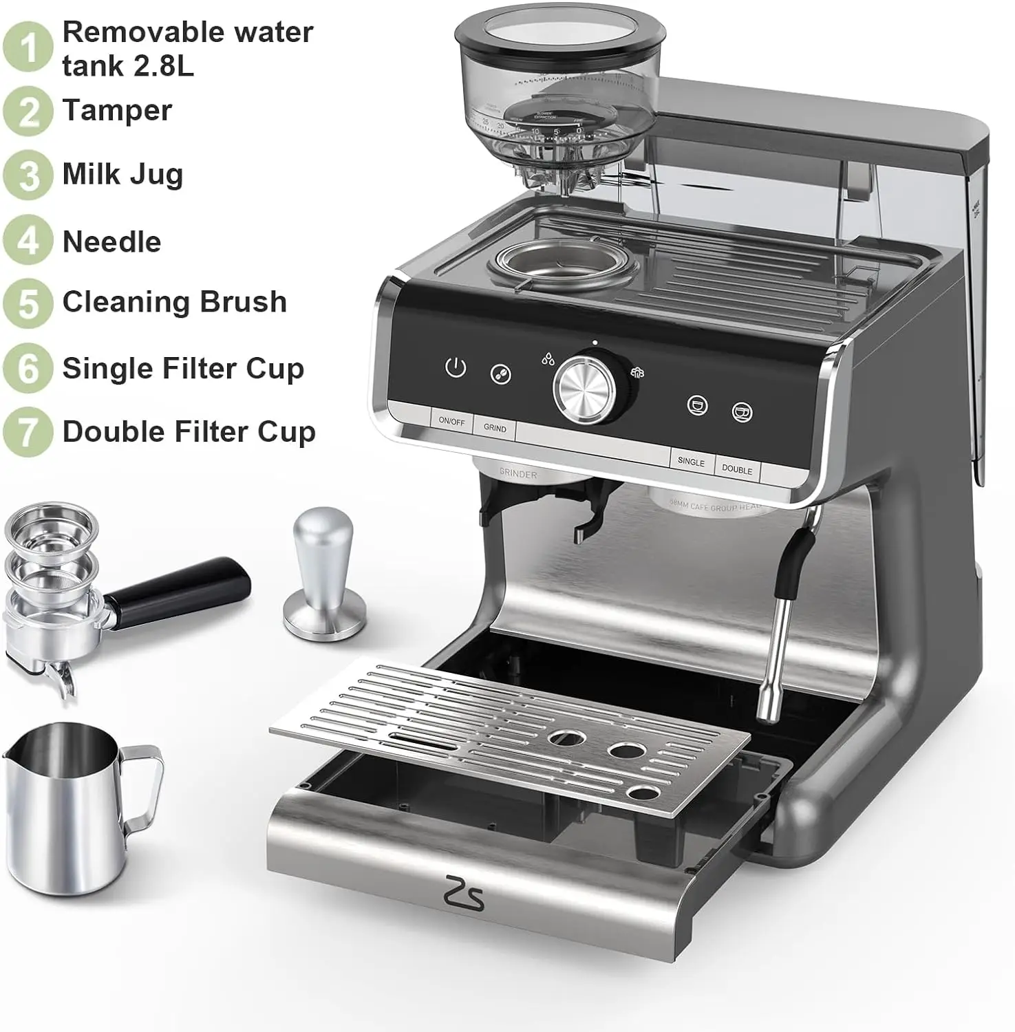 ماكينة اسبريسو نصف آلية ، ماكينة قهوة مع مطحنة ، مزبد حليب ، عصا بخار ، خزان مياه ، 20 بار ، لتر