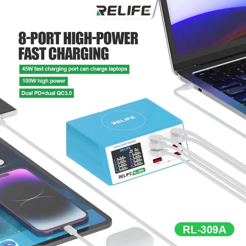 

RELIFE RL-309A High Power 8-port Smart Charger with Digital Display Multifunction Phone Laptop Tablet PD Fast Charging Tool