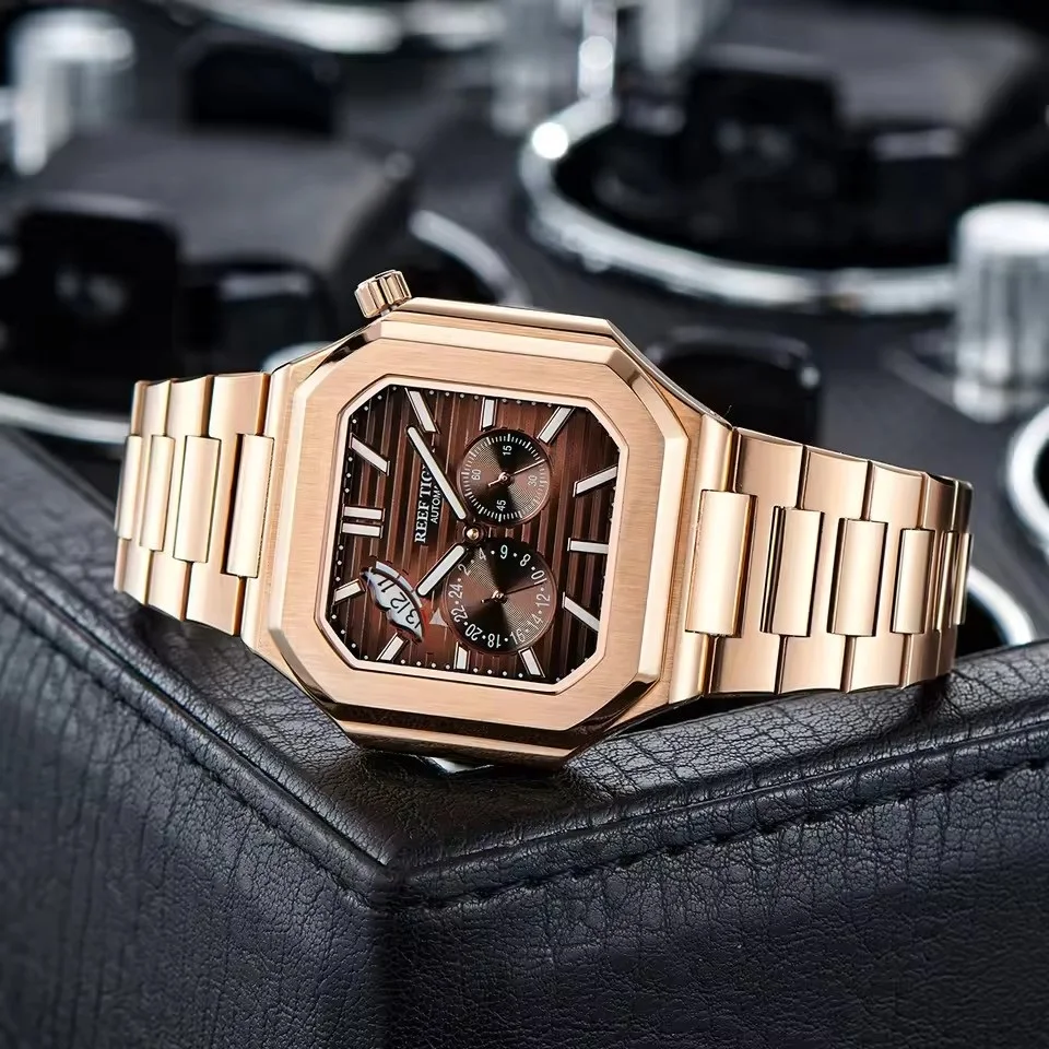 ريف تايجر ساعة أوتوماتيكية للرجال 44 ملم ساعة يد ميكانيكية مربعة 5ATM مضيئة الياقوت عرض احتياطي الطاقة ومينا 24 ساعة