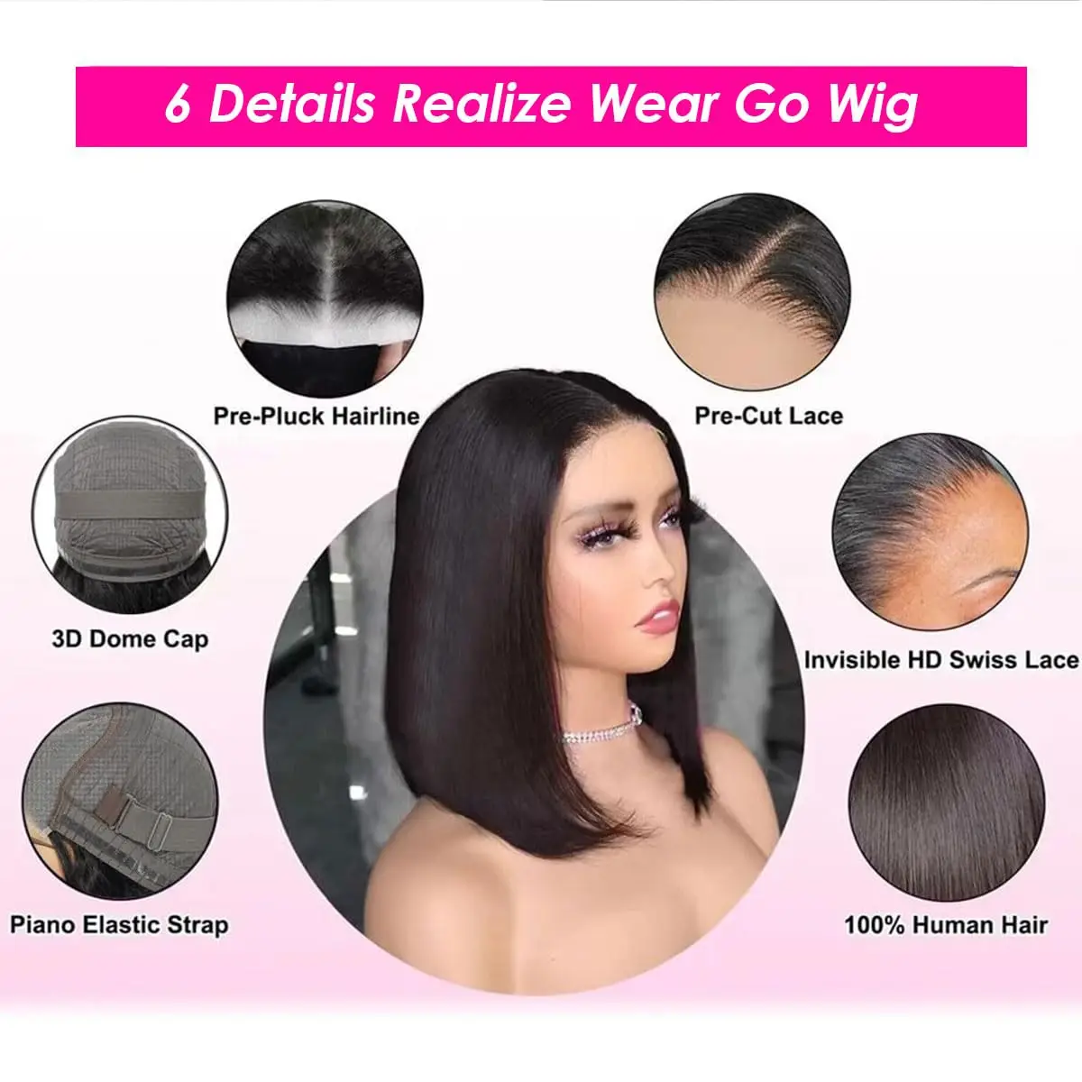 Wig tanpa lem 4x4 pemakaian Go 100% Bob Wig rambut manusia Bob pendek lurus Brasil Wig 4x4 HD penutupan renda transparan