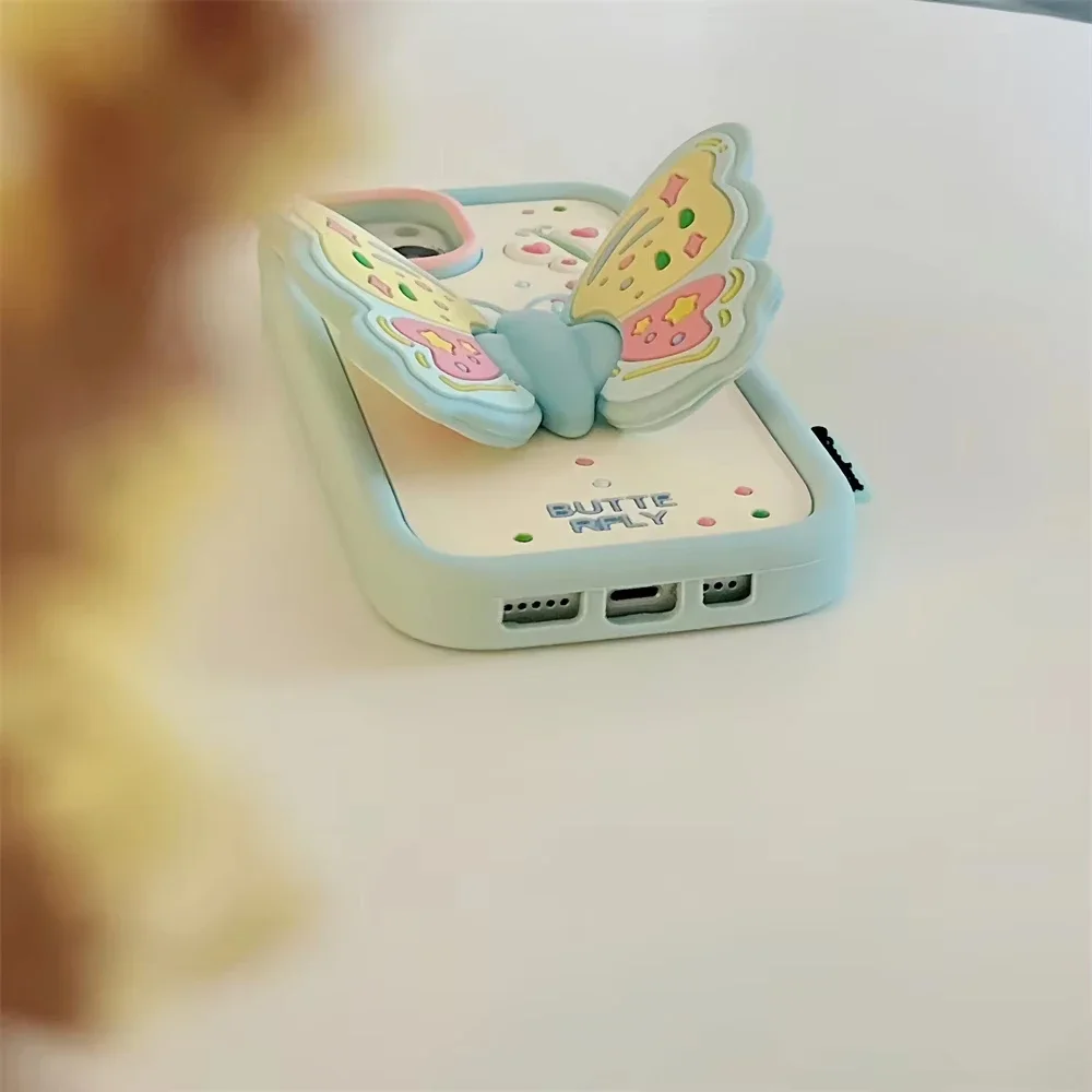 الكرتون الكورية لطيف ثلاثية الأبعاد الأرجواني فراشة سيليكون جراب هاتف آيفون 16 12 13 14 15Pro ماكس حامل قابل للطي غطاء حماية لينة