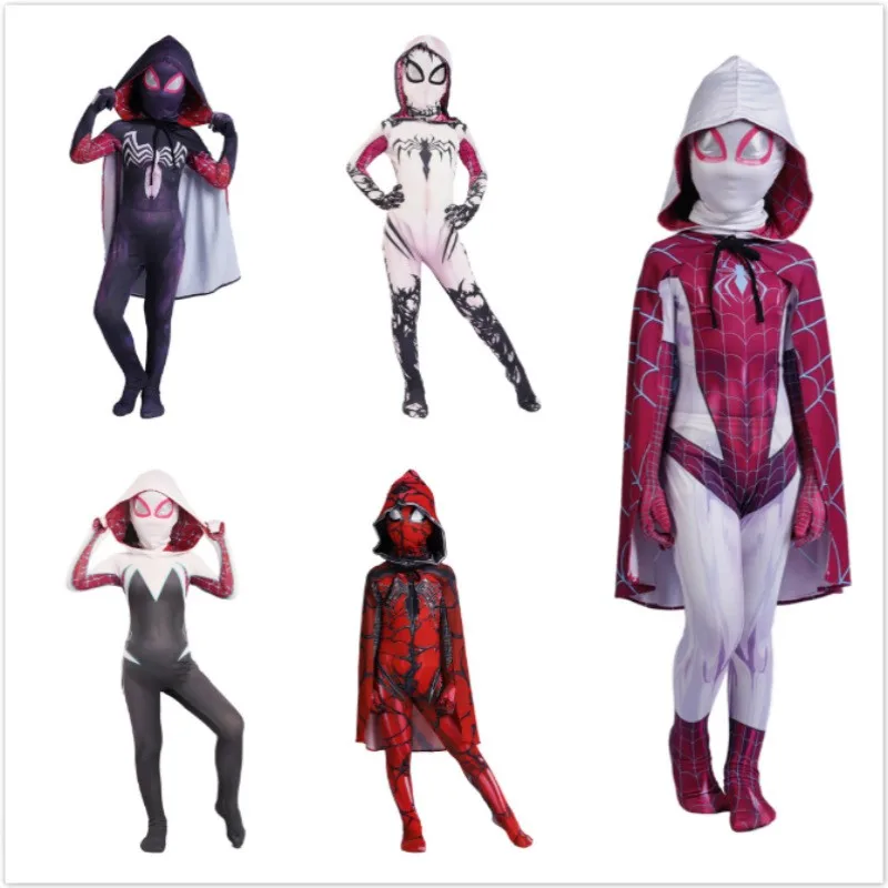 Gwendolyn Maxine Costumes for Girls Spider Gwen Stacy Cosplay Cloak Anime Jumpsuits Spider Girl Halloween Costume for Kids