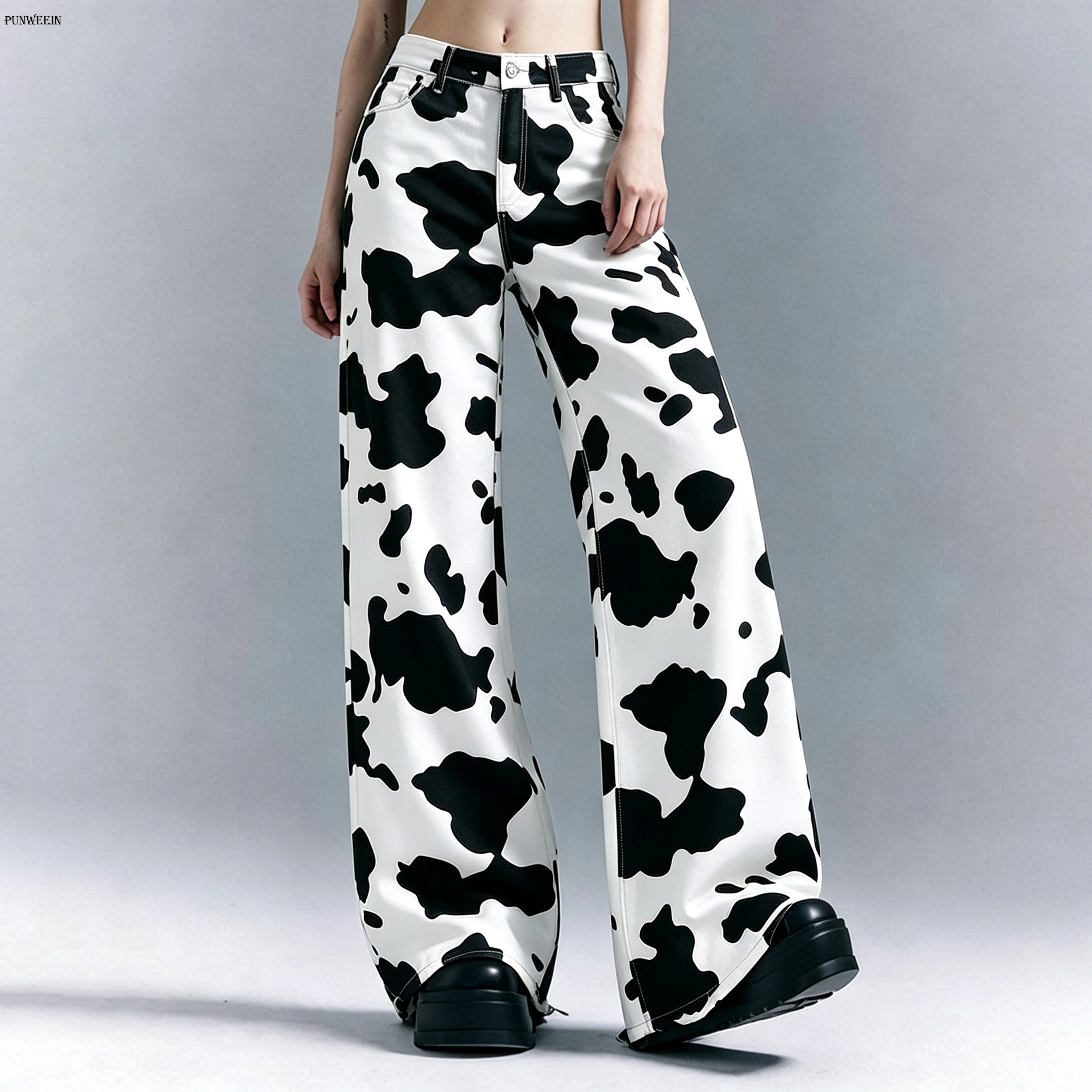 European Style Hot Girl Cow Print Wide Leg Pants For Women Y2K Retro High Waisted Slimming Straight Jeans in Denim Like Fabric