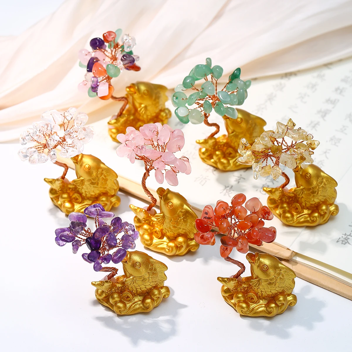1Pc Super Mini Natural Crystal Goldfish Tree Copper Wire Wrapped Lucky Wealth Feng Shui Trees Reiki Healing Tabletop Ornaments