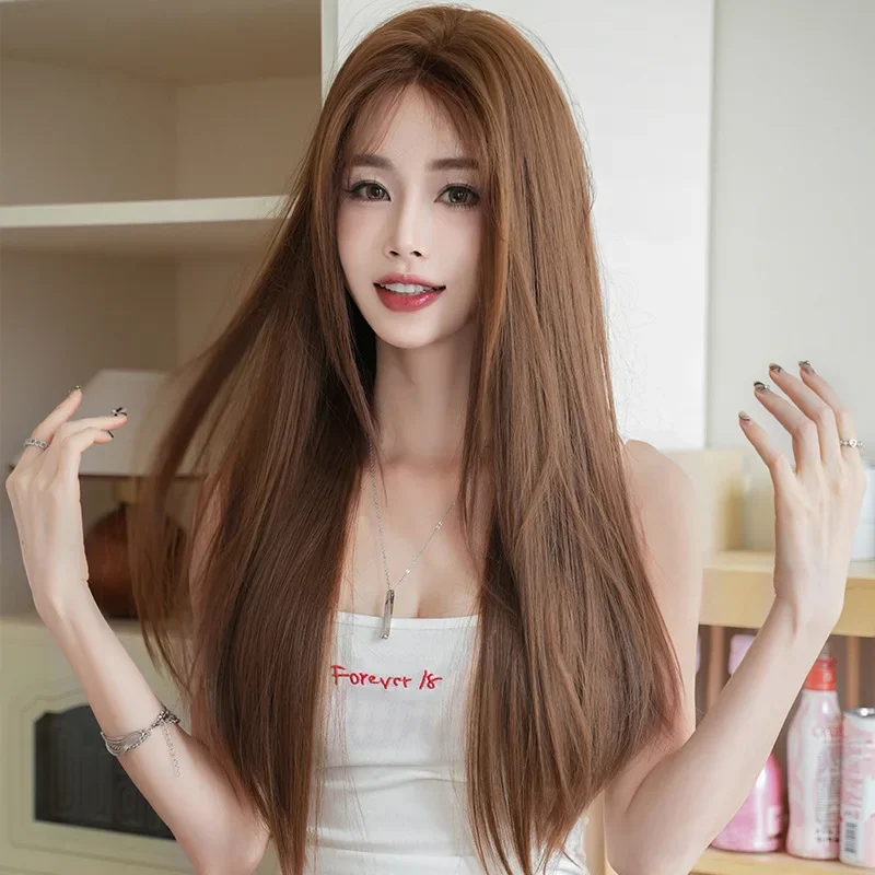 

Woman wigs Light Cafe Brown Synthetic Wigs With Bangs for Women Long Straight Hair Wig Natural Cosplay Party Heat Resistant