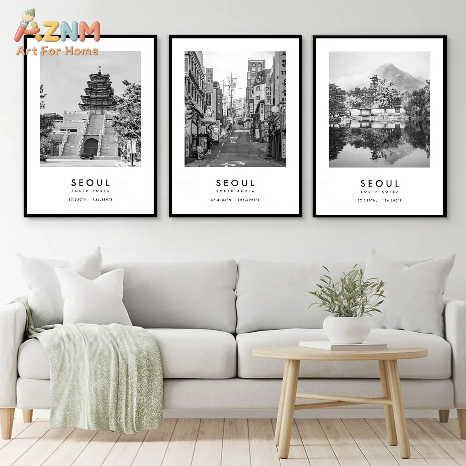 AZNM Seoul South Korea City Landscape Canvas Wall Art Minimalist Travel Landmark Coordinates Photo Print Frameless Canvas Painti