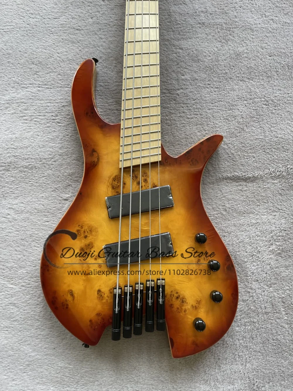 5 strings neckless bass guitar, high-quality bridge, ash wood body burl maple top, maple fretboard, 4 pickups, customizable