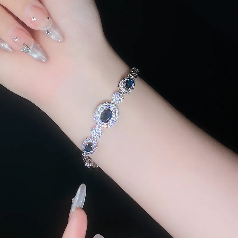 Luxury Charm 925 Sterling Silver Retro Oval Blue Crystal Zircon Bracelets for Women Korean Jewelry Dinner Party Accessories Gift