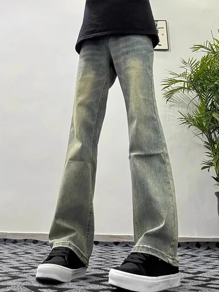 

Мужские синие джинсы в стиле ретро, эластичные джинсы с высокой талией, тонкие расклешенные брюки с прямыми штанинами, повседневная одежда