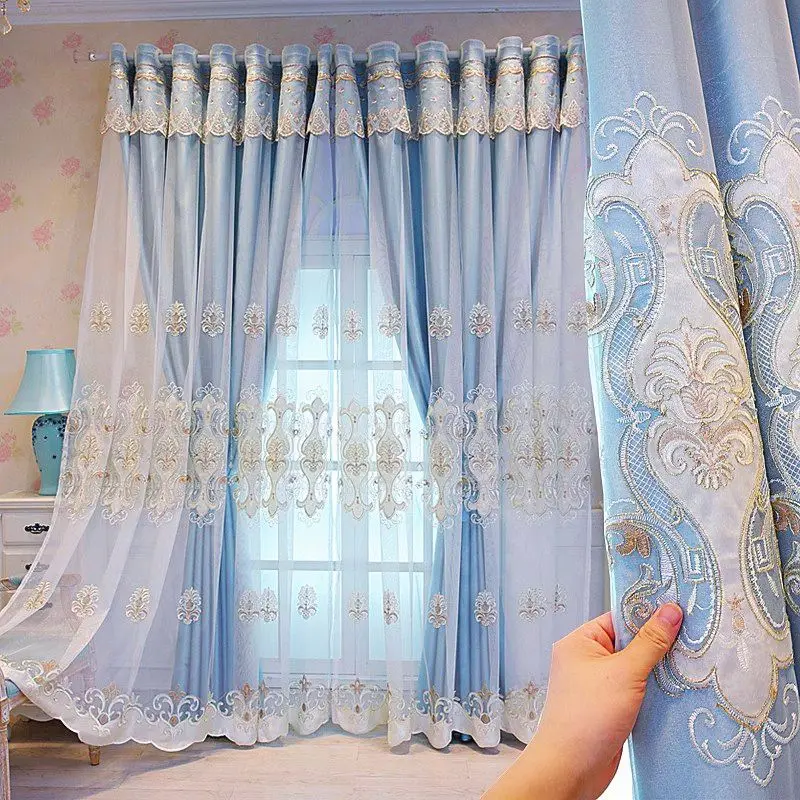Luxury European Embroidered Curtain Double Layer Sheer & Blackout Window Drapes Jacquard Tulle Voile Living Room Bedroom Decor