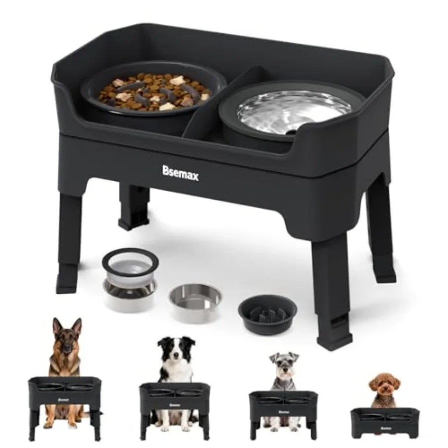 

Регулируемая по высоте подставка для мисок для собак 4-в-1 с 2 мисками из нержавеющей стали, миской для воды с защитой от проливания и 4 уровнями регулировки высоты, для маленьких собак