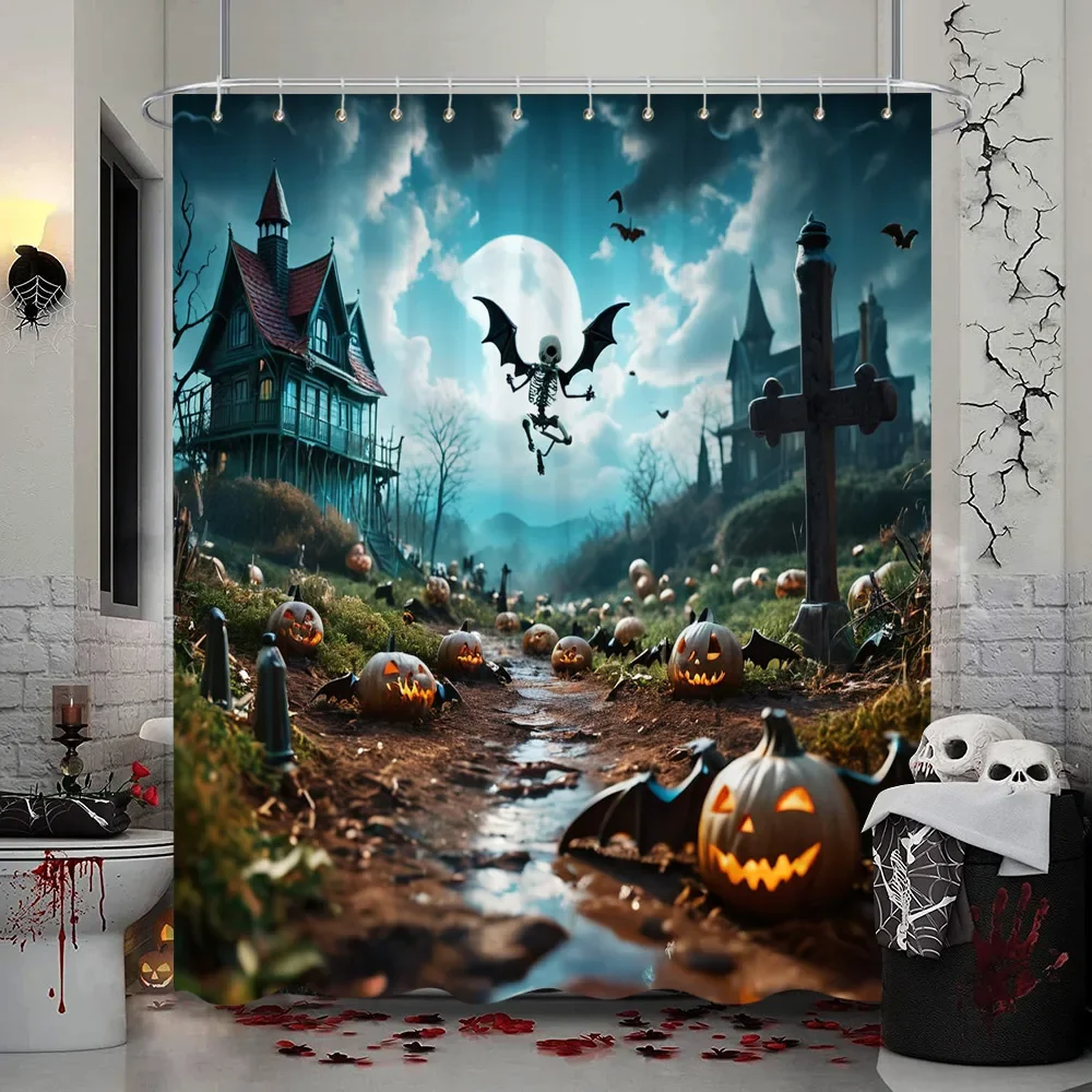 Halloween Shower Curtain Trick or Treat Skeleton Naughty Elf Castle Pumpkin Polyester Shower Curtains Bathroom Decor with Hooks