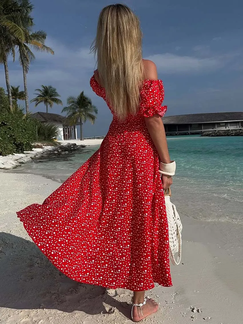 Oymimi Casual Red Print Dresses For Woman Elegant Spaghetti Strap Short Sleeve Dress Fashion High Waist Side Slit Mid-Calf Dress