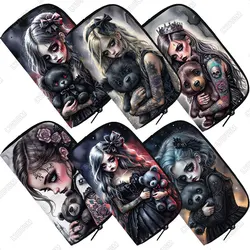 Cartoon Gothic Mädchen und Bär Puppe drucken Brieftasche Gothic Mädchen Münze Geld Taschen niedlichen Schlüssel Kreditkarte Veranstalter lange kleine Clutch Geschenk