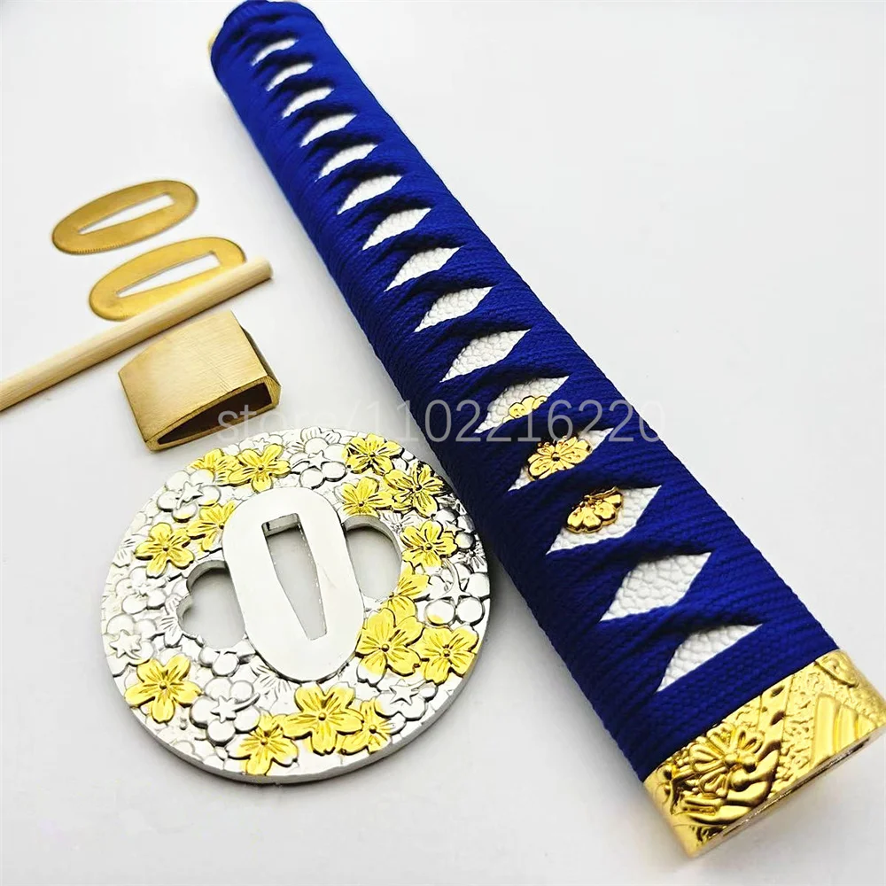 A Set Blue Samurai Sword Parts 26cm Tsuka Handle Alloy Tsuba Handguard Brass Habaki Seppa For Japanese Samurai Katana Fittings