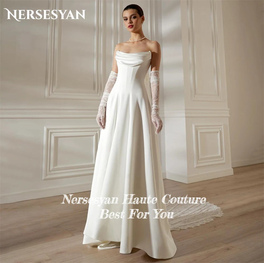 Nersesyan Elegant Solid Satin Wedding Dresses Draped Off Shoulder Backless Sleeveless Bridal Gowns A-Line Pleats Bride Dress