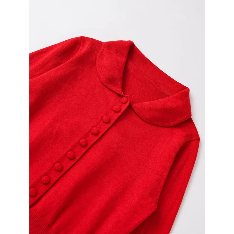 YENKYE Cárdigan de punto con cuello Peter Pan para mujer, abrigo suéter rojo de Navidad de manga larga con un solo pecho