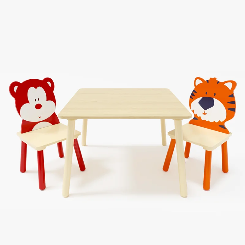 Kindertafel En 2 Stoelen Set, 3 Stuks Peuter Tafel En Stoel Set, Houten Activiteit Speeltafel Set (Beer & Tijger)