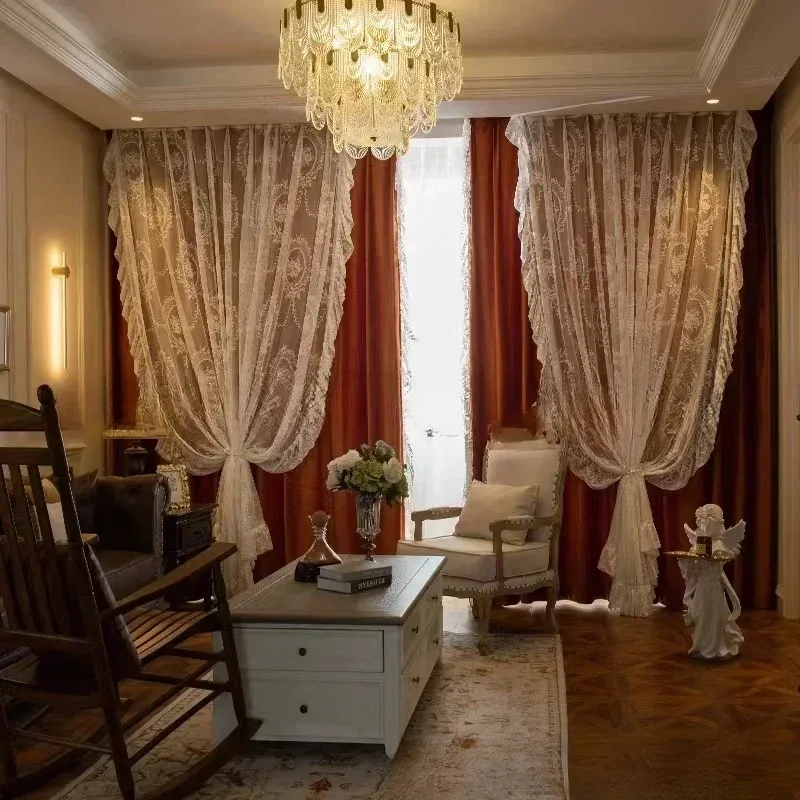 

Caramel Velvet Lace Luxury Curtains for Living Room Bedroom Blackout Retro American Thick Velvet Embroider Tulle White Tulle