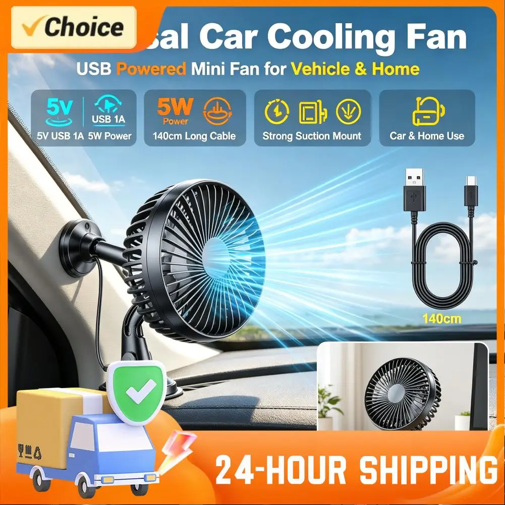 USB Car Dashboard Cooling Fan 360 Degree All-Round with Suction Cup Car Air Fan Mini Car Air Cooling Fan for Car Truck SUV RV