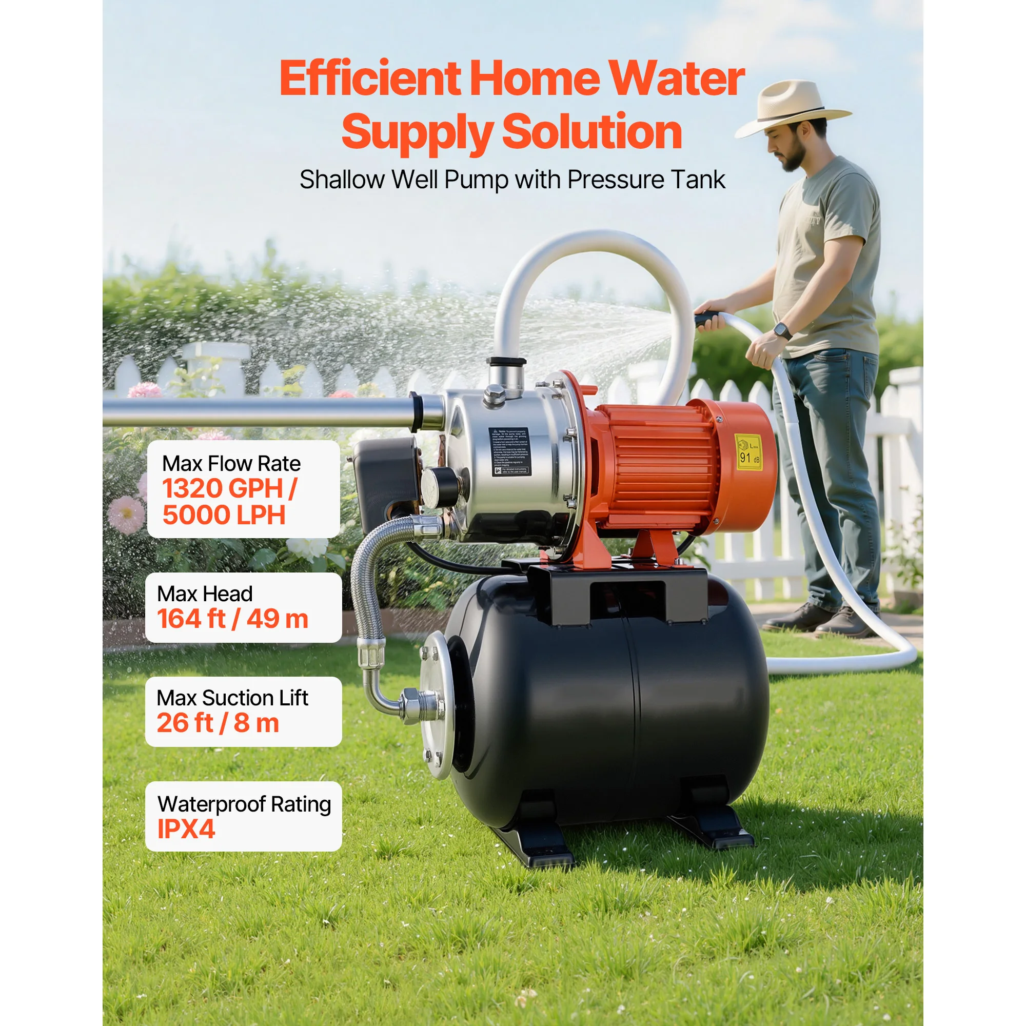 SucceBuy 1HP/1.6 HP Shallow Well Pump with Pressure Tank 120V Stainless 5-Gal Tank 20/40 PSI Pressure Switch for Home Garden