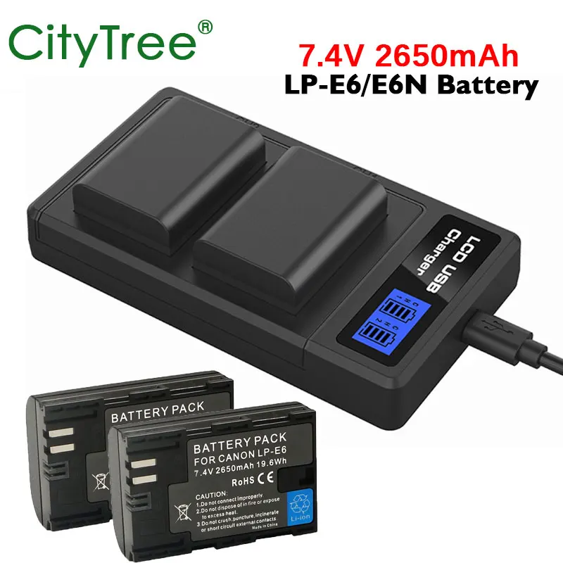CityTree 2650mAh LP-E6 LP E6 E6N Battery+LCD Charger for Canon EOS 5D 5D2 5DS R Mark II 2 III 3 6D 60D 60Da 7D 7D2 7DII 70D 80D
