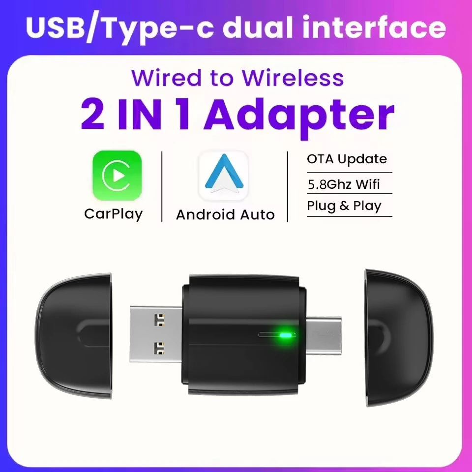 

Беспроводной адаптер CarPlay для iPhone, Android Auto, USB/USB-C порты, 5 ГГц, Smart Mini Box для VW, Toyota, Honda, Volvo, Benz