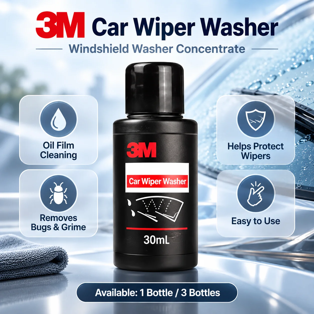 3M PN7016 Car Wiper Washer Concentrate Oil Film & Bug Residue Cleaner for Windshield Daily Driving Auto Care 30mL