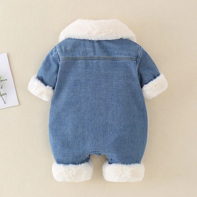 Combinaison en denim avec col en fourrure pour bébé, barboteuse en coton chaud pour nouveau-né, manteau Smile, vêtements d\'extérieur pour enfants,