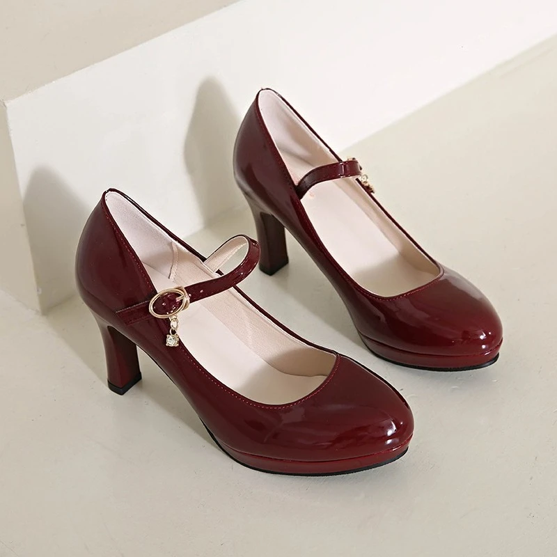 

Straight Heel Single Shoes with One Strap New Round Toe Patent Leather Anti-slip and Wear-resistant High Heels for Autumn