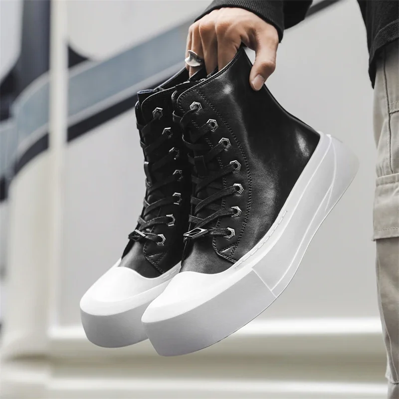 Męskie buty na co dzień dla par z wysoką cholewką, czarne, gruba podeszwa, duże palce, buty derby Trend w modzie, codzienne buty wizytowe