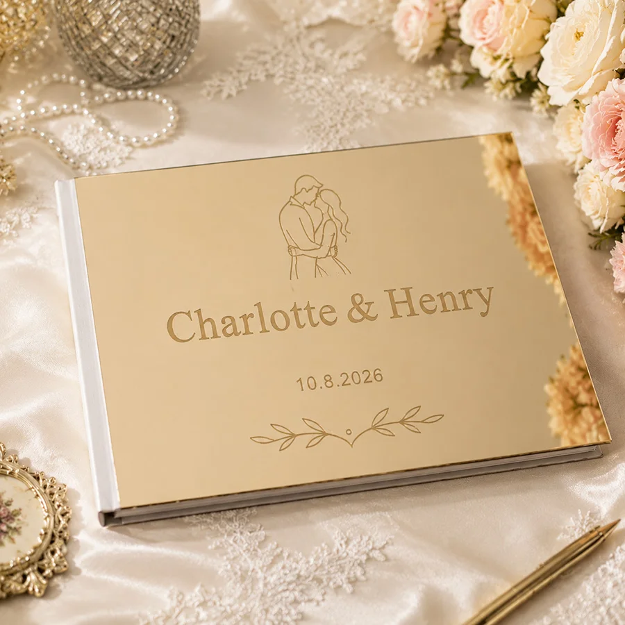 9 Styles Custom Wedding Guest Book Acrylic Mirror Cover Personalized Name Date Laser Engraved Signature Book Gift