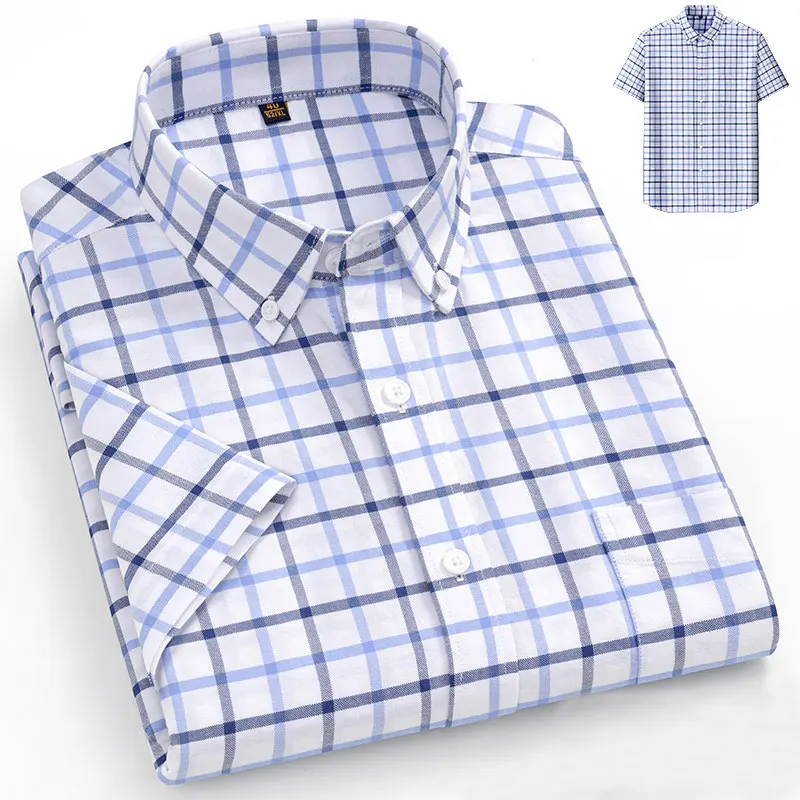 Summer new extra-large size 11XL-160KG Oxford fabric men's 100% pure cotton checked short-sleeved shirt for business casual men