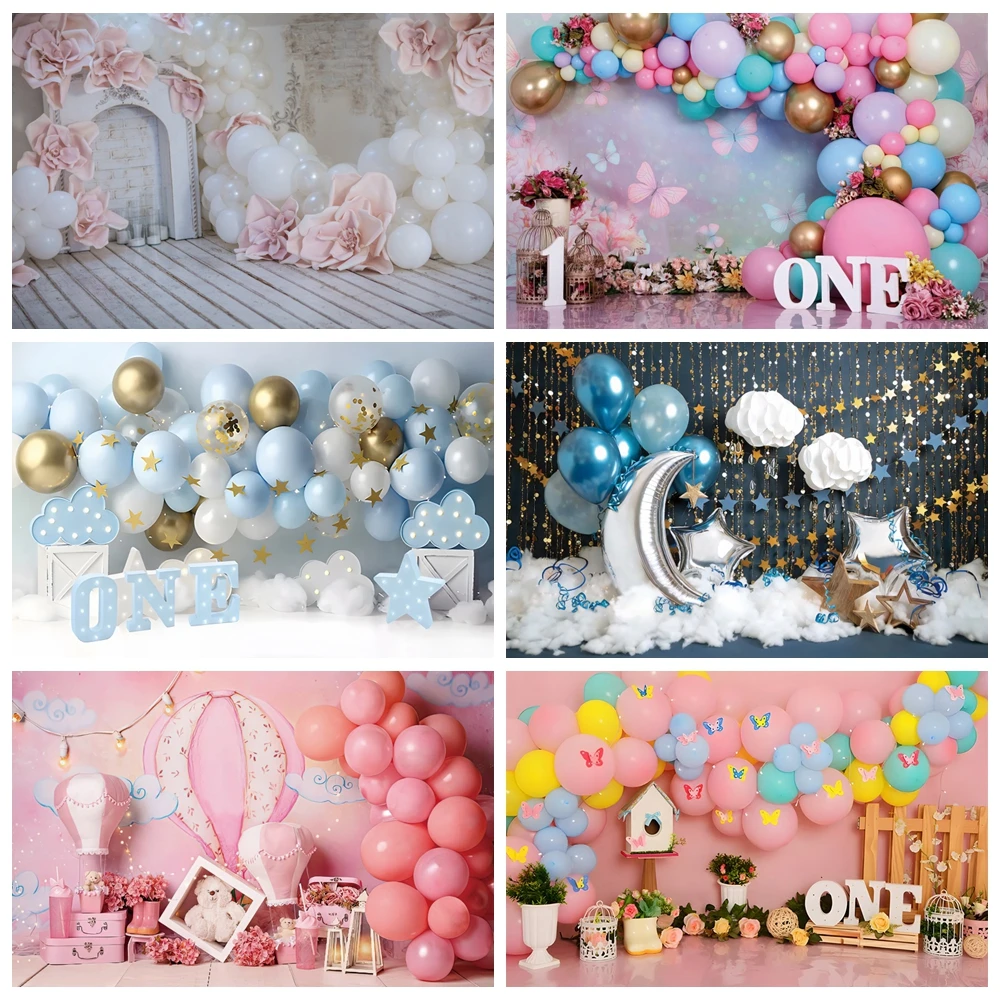 

Baby Shower 1st Birthday Party Photo Backdrop Girl Boy Pink Balloon Flower Wood Floor Family Portrait Photography Background