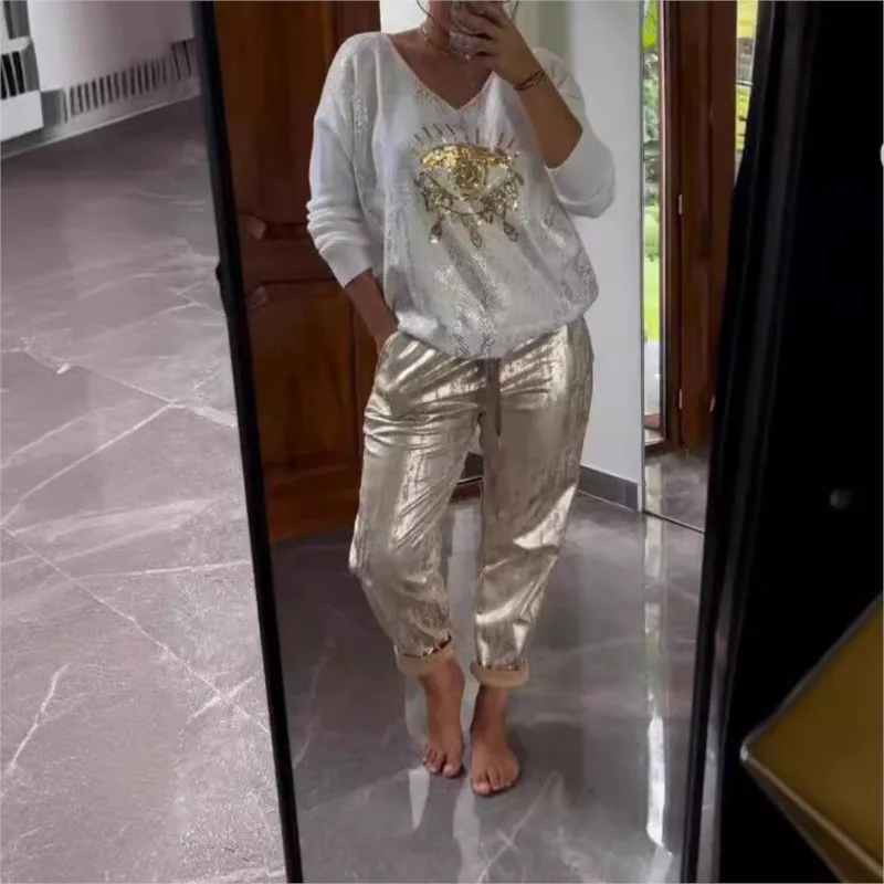 2 Pcs/Set Women T-shirt Pants Set Long Sleeves Bronzing Loose Glossy Top Elastic Waist Side Pockets Trousers Casual Sport Outfit