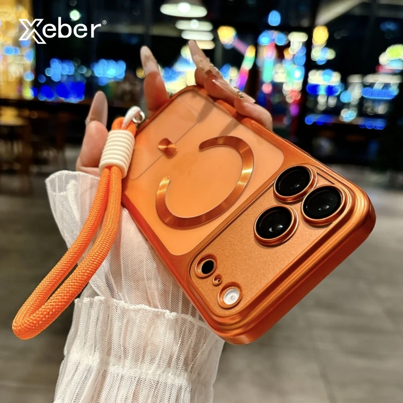Luxus Matte Überzug PC Für Magsafe Fall Für iPhone 17 16 15 Pro Max Air Hard Objektiv Schutz Film Transluzente Handgelenk strap Abdeckung