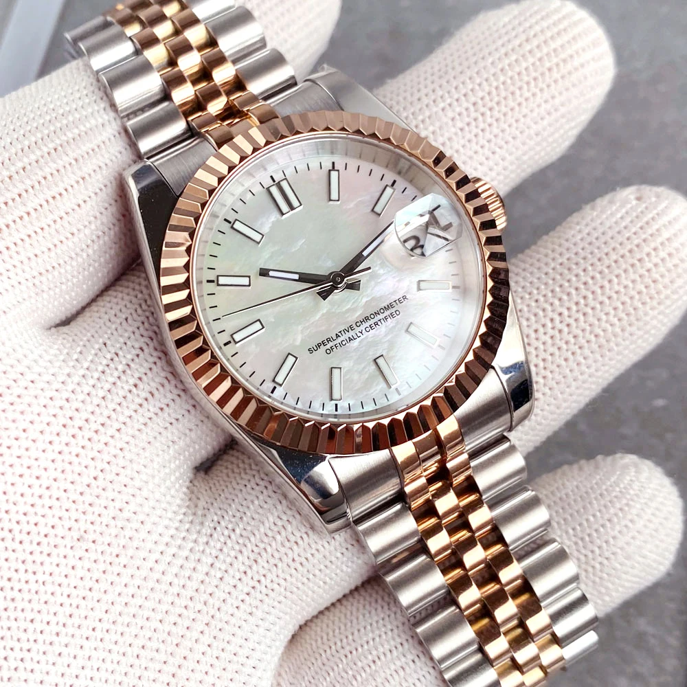 تخصيص اثنين من لهجة ارتفع الذهب حالة DJ MOP أم اللؤلؤ الهاتفي 36/39 مللي متر الياقوت NH35A غواص ساعة الرجال 20ATM التلقائي