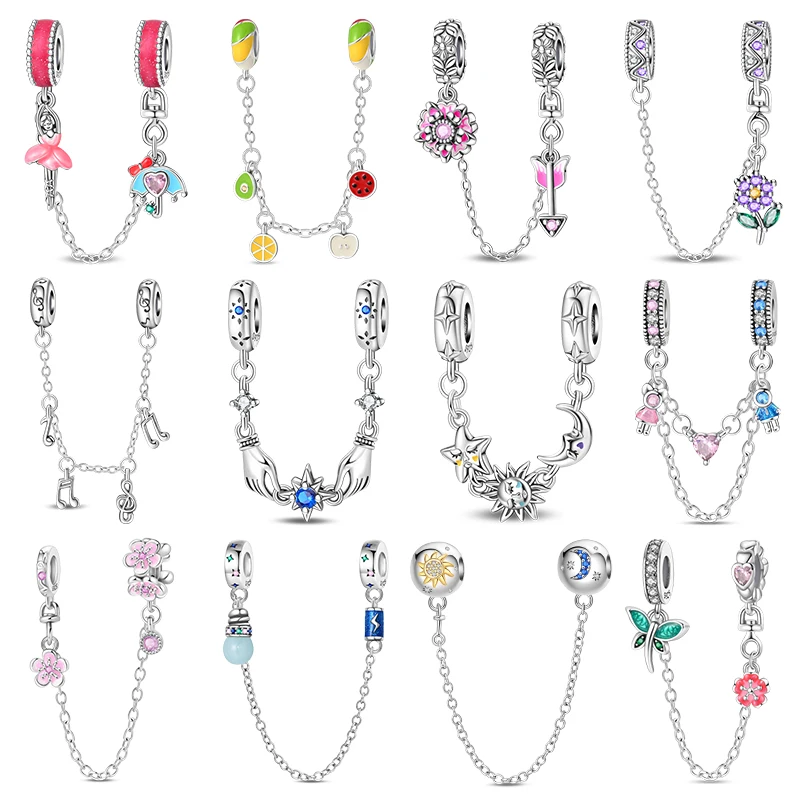 100 % 925 Sterling Silber Original Sterne Mond Blume Sicherheitsketten Spacer Perlen Charms passen 3 mm Armband DIY Schmuck Guardian Geschenk