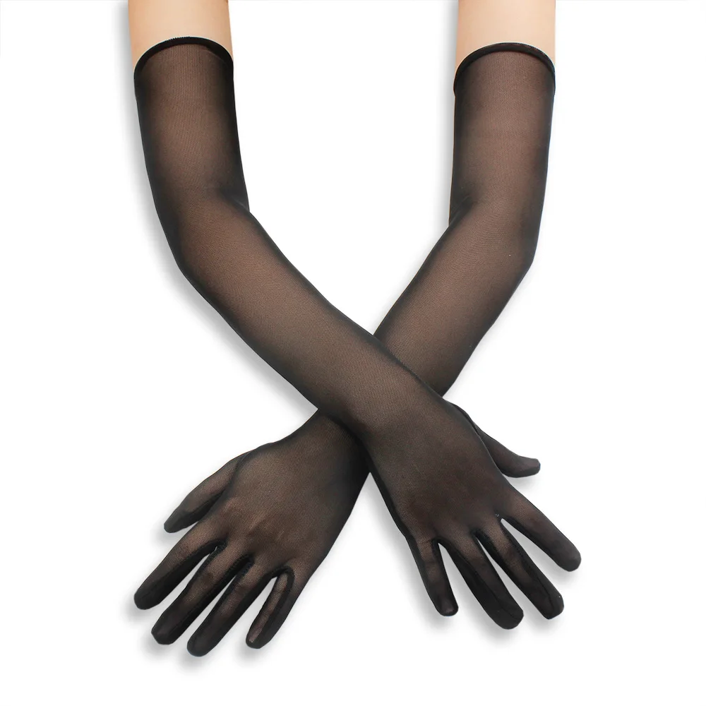 55cm Stretchy Sheer Mesh Gloves for Women Sexy Transparent Lace Gloves Sun Protection Elegant Party Decorative Gloves