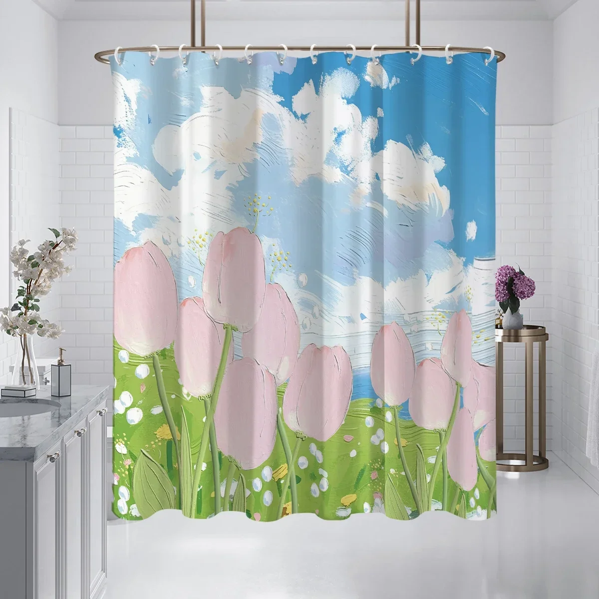

1PC Tulip pattern printed shower curtain, waterproof, polyester woven fabric, with 12 hooks, suitable for bathroom and home use