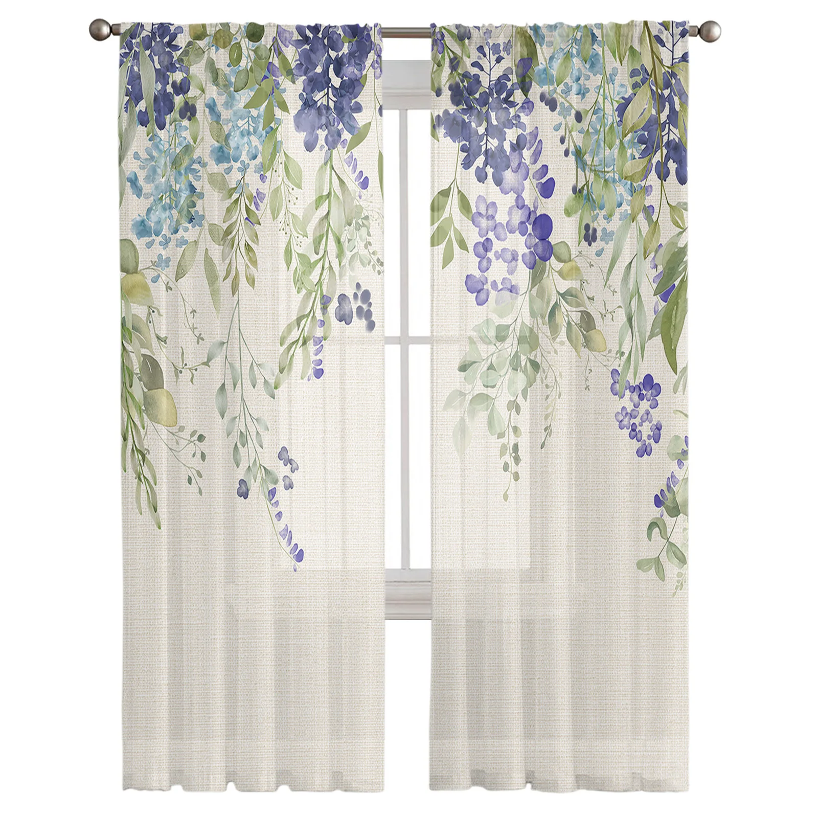 Hand-Painted Flower Plant Wisteria Sheer Curtains For Living Room Window Tulle Curtain Bedroom Kitchen Decoration Voile Drapes