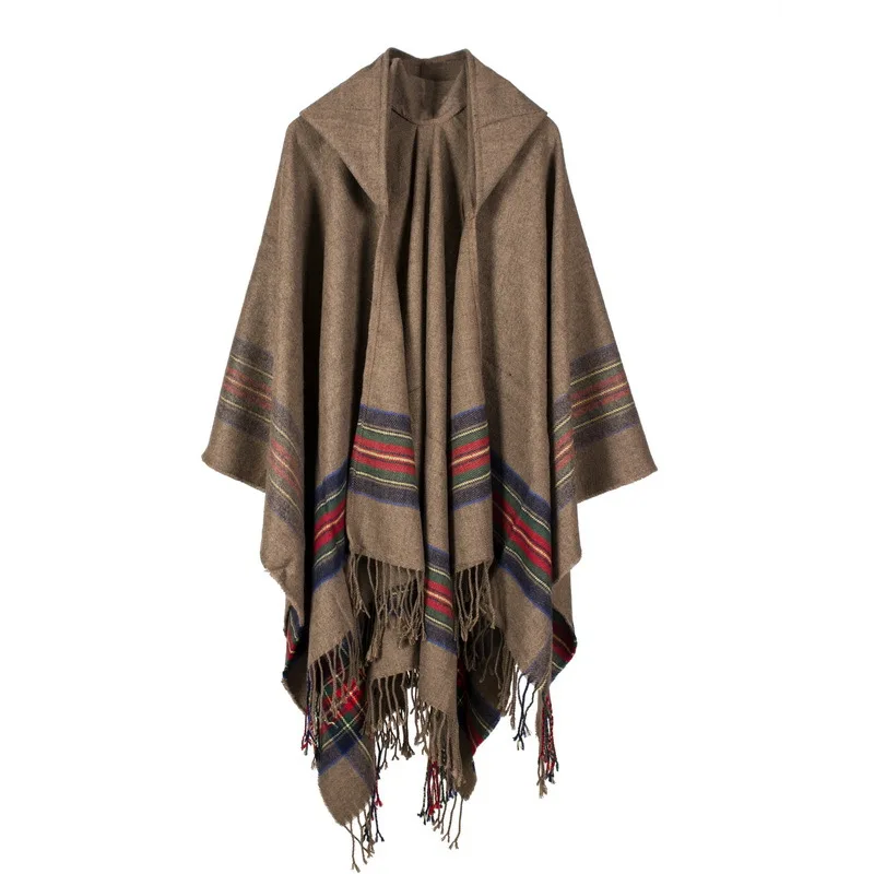 Autumn Winter Women Imitation Cashmere Jacquard Shawl Can Wear Warm Lengthened Fashionable Hooded Cloak Ponchos Capes Khaki