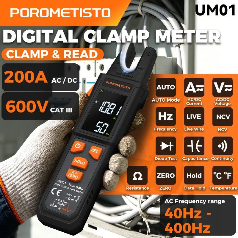 UM01 Clamp Meter Digital Multimeter 200A 3999 Counts NCV Live Wire AC/DC Voltage Current Protable Capacitance Resistance Tester