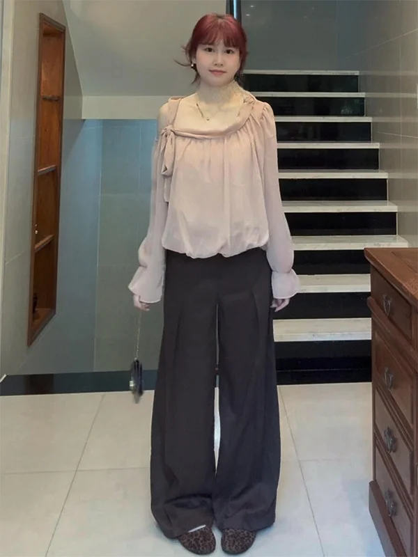 

Элегантная женская рубашка с длинными рукавами, повседневная свободная рубашка в стиле lazy, универсальный топ в корейском стиле, прямой крой, с завязками на плечах