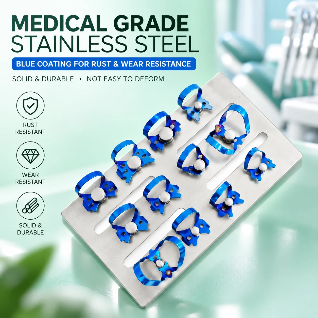 Dental Rubber Dam Clamps Holder Set with Blue Coated Stainless Steel Clips Autoclavable Reusable Endodontic
