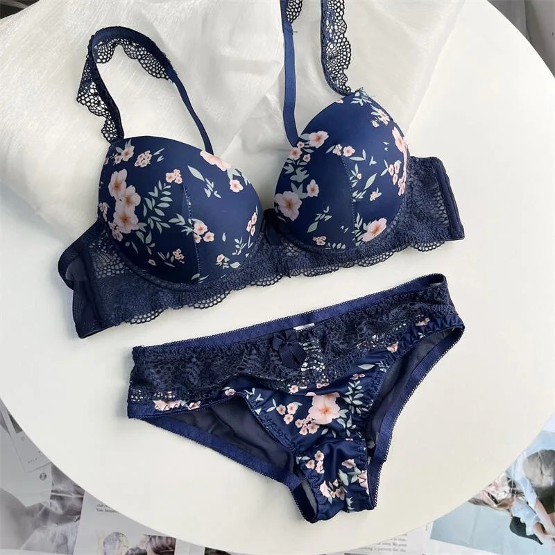 Sweet summer flowers cute girls bra set thin large size CDE cup lingerie sexy push up women underwear