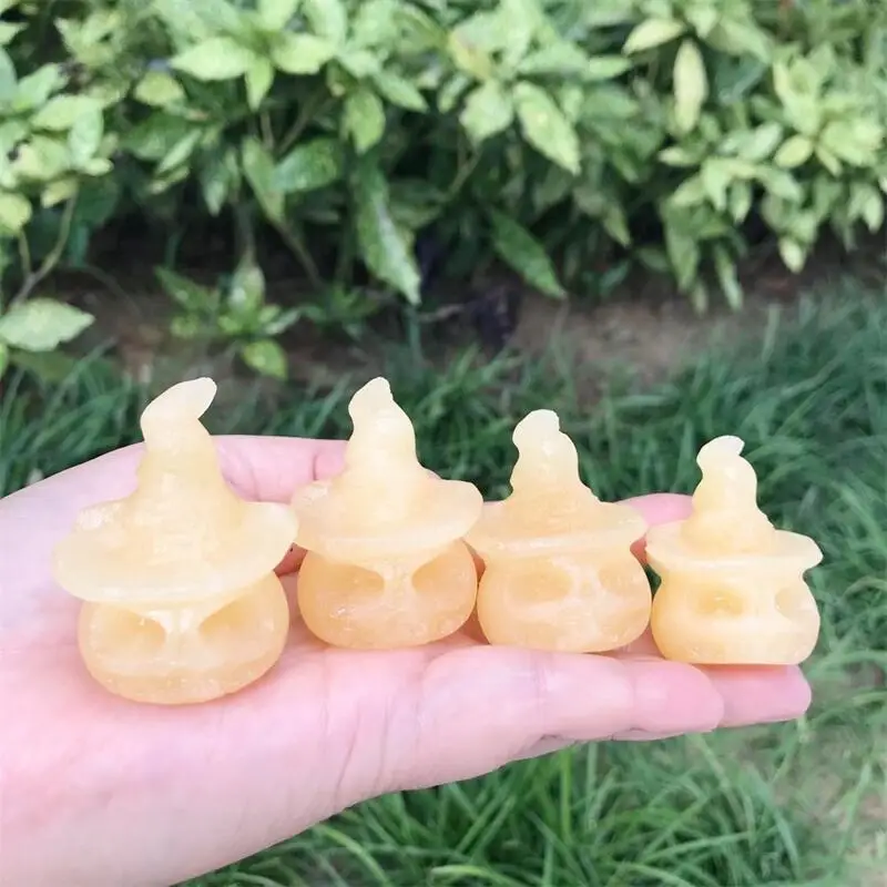 Natural Yellow Calcite Pumpkin Wizard Hat Skull Carving Statue, Faucet for Room Decoration, Holiday Gifts, 1Pc