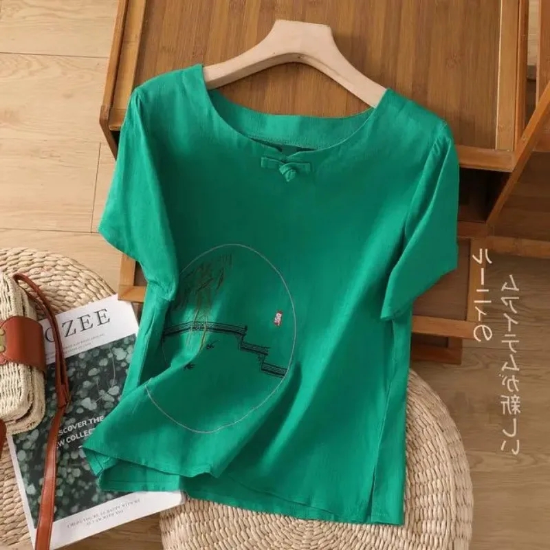 

Women's Navy Blue Embroidered Peplum Blouse Short Sleeve Loose Fit Cotton Linen Top for Summer
