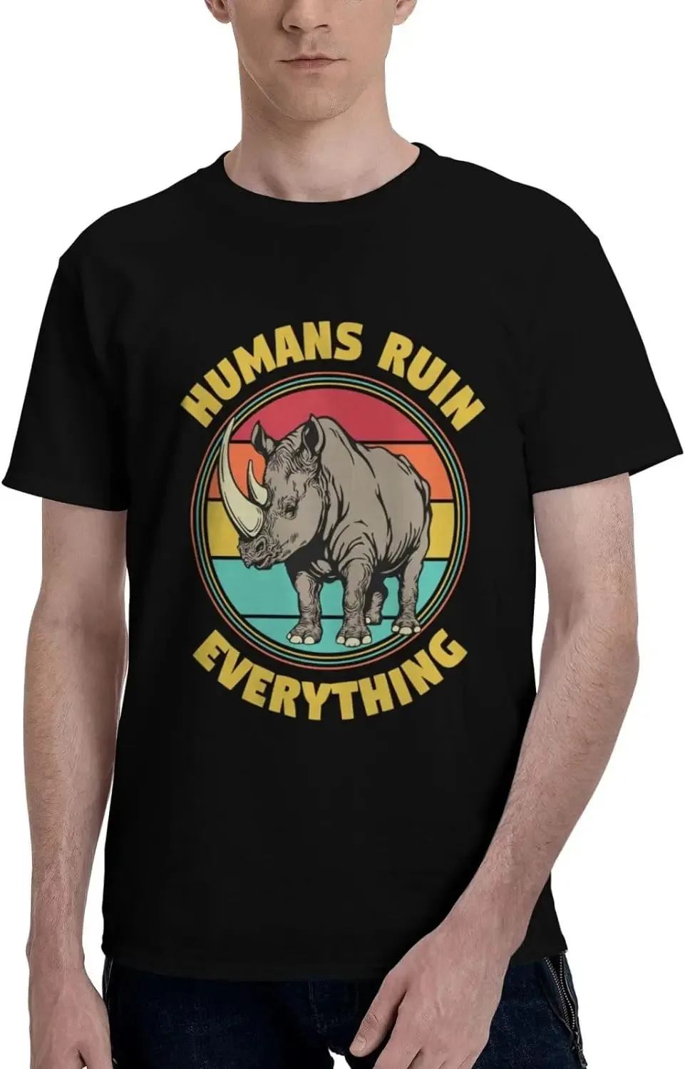 Adult Unisex Short Sleeve T-Shirt Classic Fit Crew Neck Soft and Comfy Rhino Wild Animal Rights Humans Ruin Everything